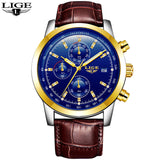 LIGE Mens Watches Top Brand Luxury Leather Casual Quartz Watch Men Military Sport Waterproof Clock Gold Watch Relogio Masculino